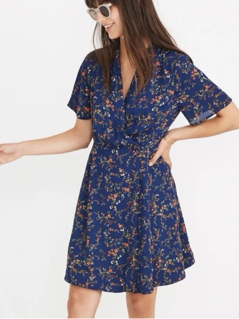 Madewell Amaranth Floral V-Neck Wrap Maxi Dress Chiffon Ruffle Tie Navy/Blue XS